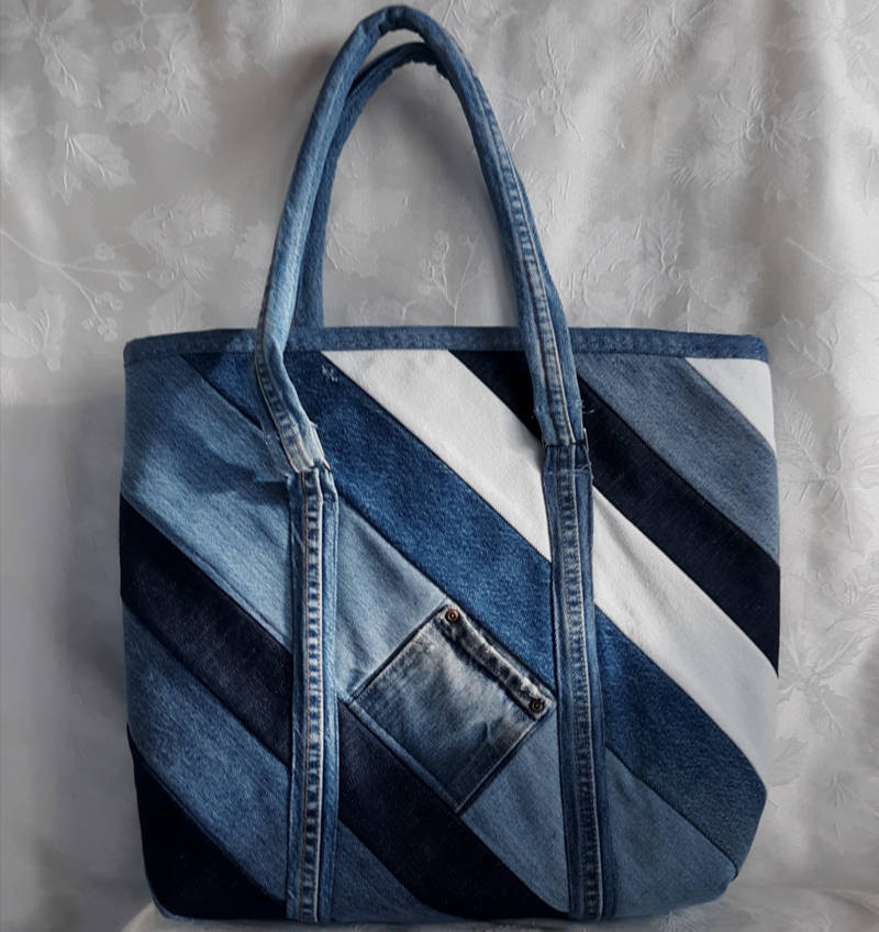 Quilted Denim Tote with Brass Details - recycled jeans - PC Expressions
