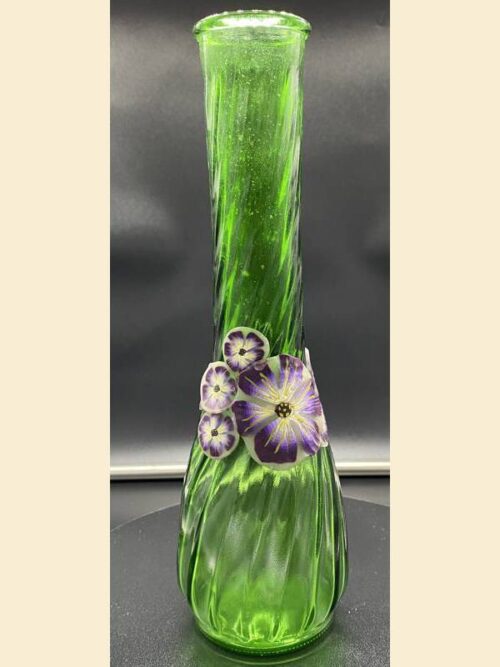 green glass with purple flowers bud vase